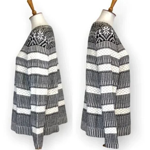 Talbots Fair Isle Nordic Black White Front Zip Round Neck Cardigan Sweater - Picture 3 of 9